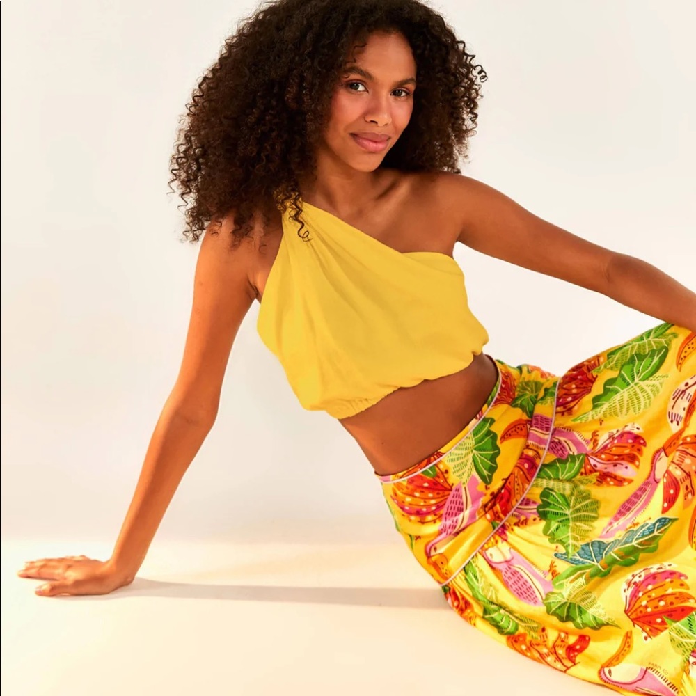 Farm Rio Yellow One Shoulder Knot Top size XS